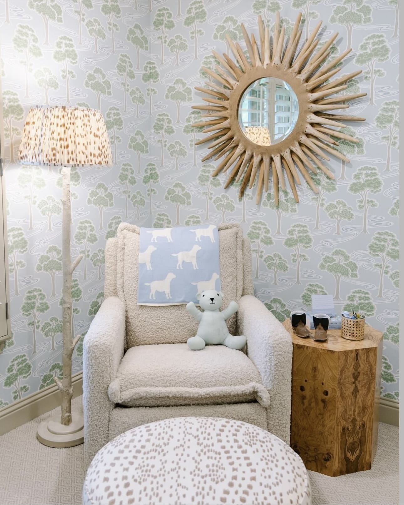 Sunburst Mirror Adds Whimsical Focal Point Above Chair