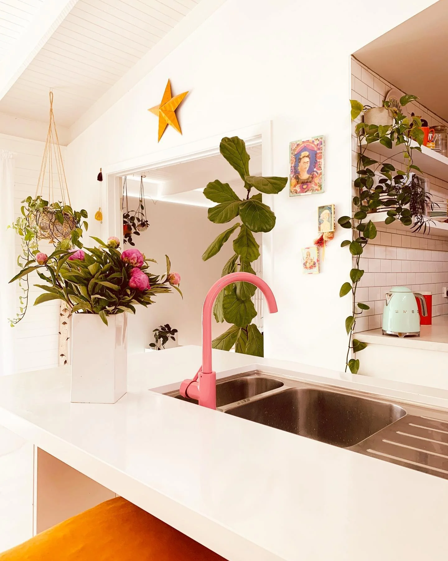 Hanging Planters Add Life and Texture to Kitchen Ceilings