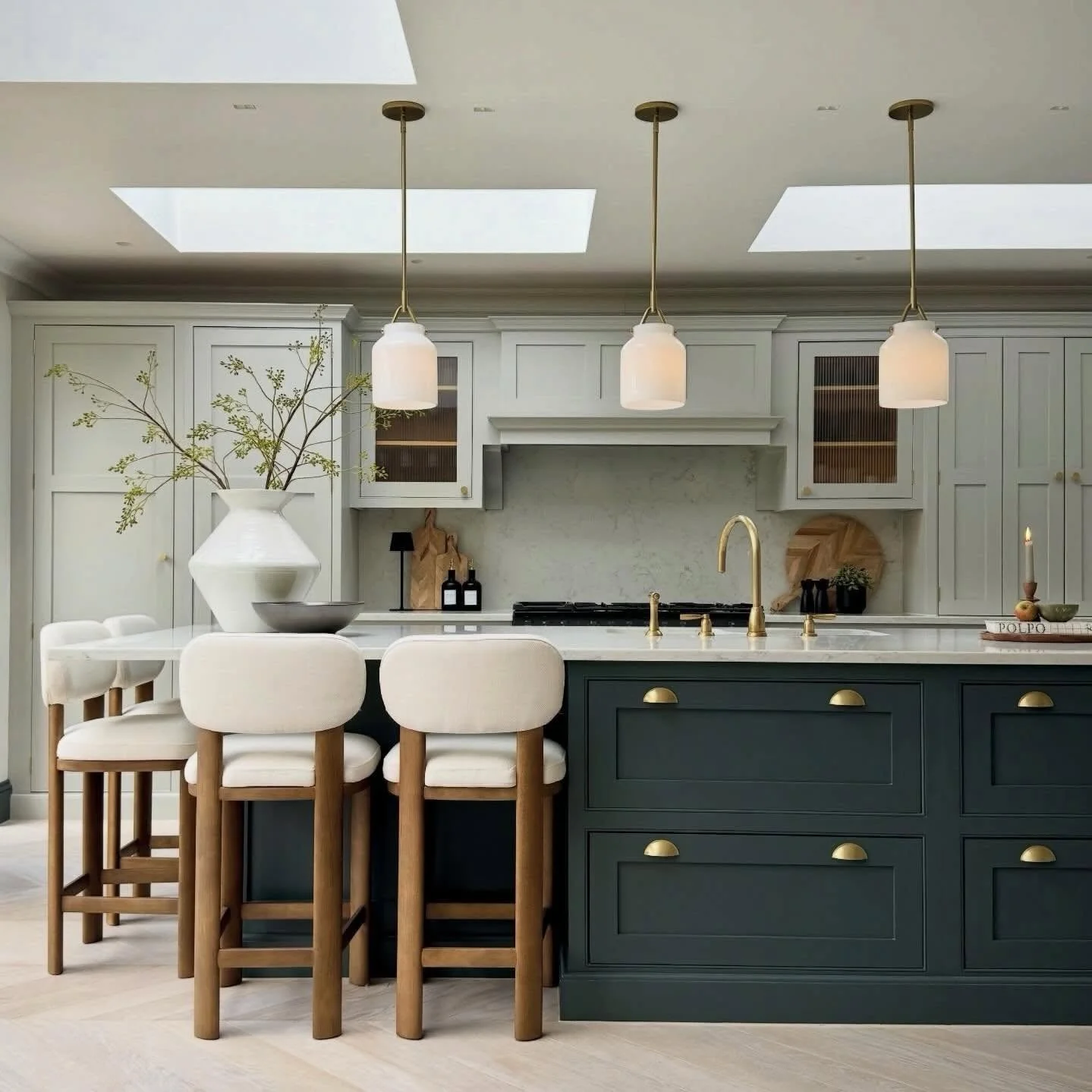 Deep Blue Island with Brass Hardware Adds a Sophisticated Touch