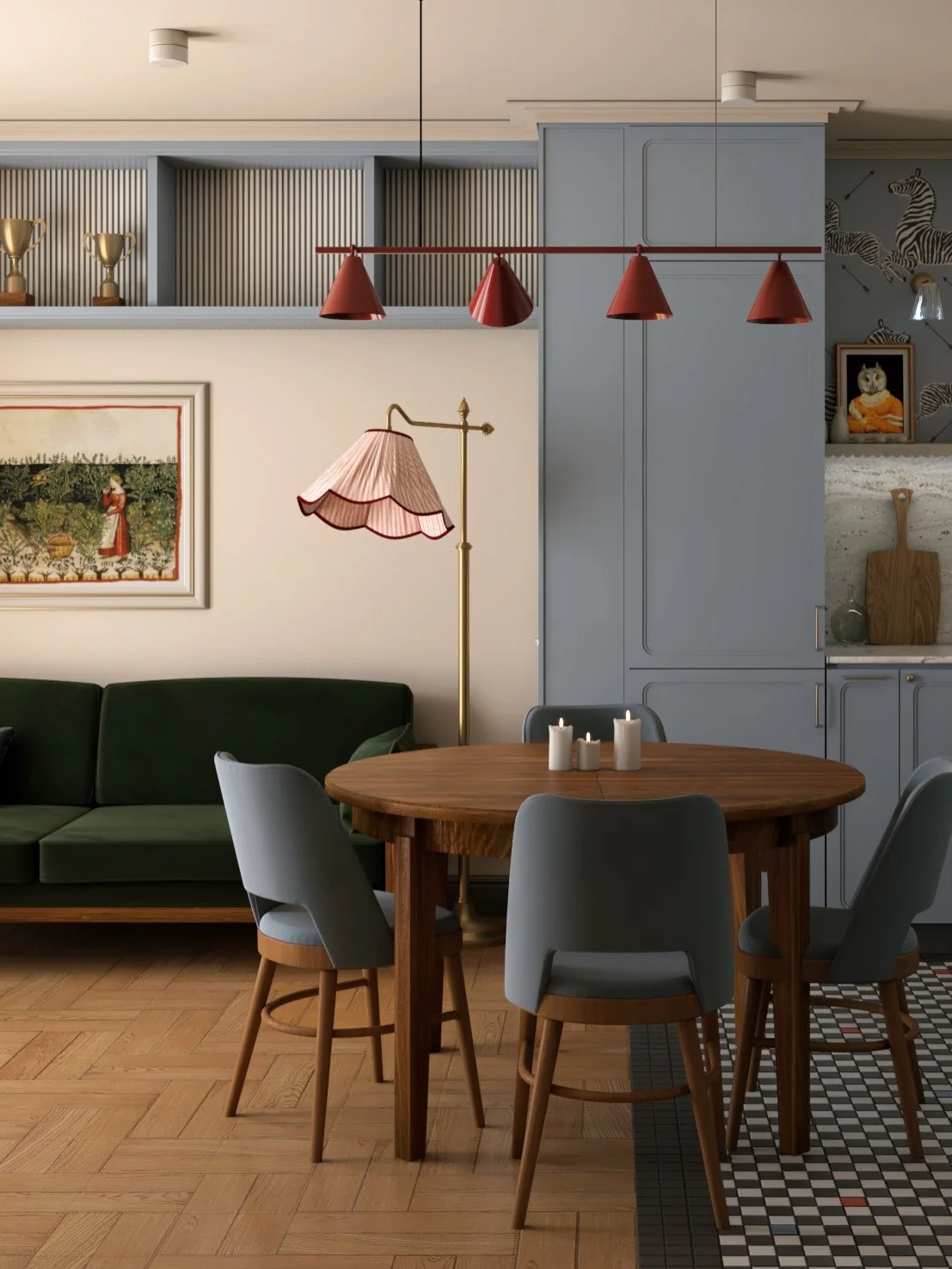 Grey Upholstered Chairs Complement a Round Wooden Dining Table