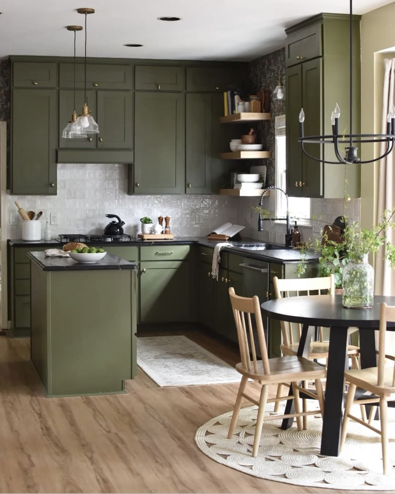 Patterned Wallpaper Adds Depth Behind Open Shelving