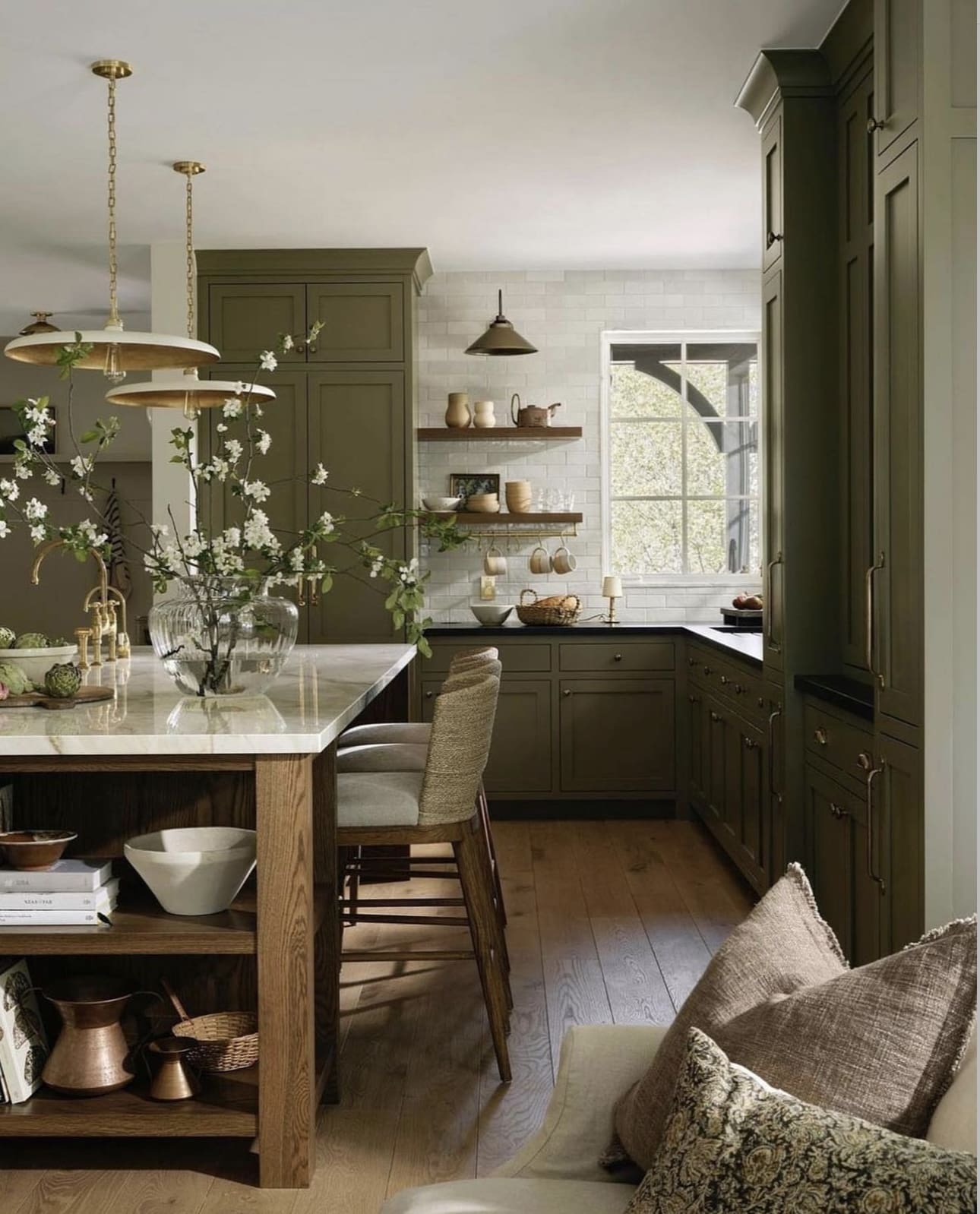 Dark Green Cabinets Frame White Subway Tile Backsplash