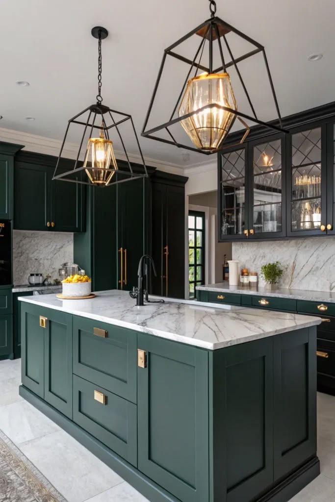 Geometric Pendant Lights Frame the Dark Green Kitchen