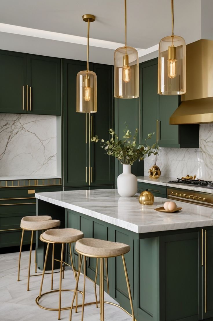 Glass Bell Pendants With Brass Accents Illuminate Dark Green Cabinets