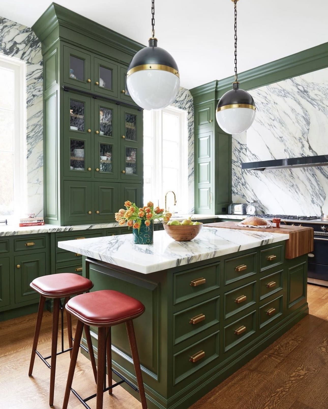 Dark Green Island Drawers With Rectangular Brass Pulls