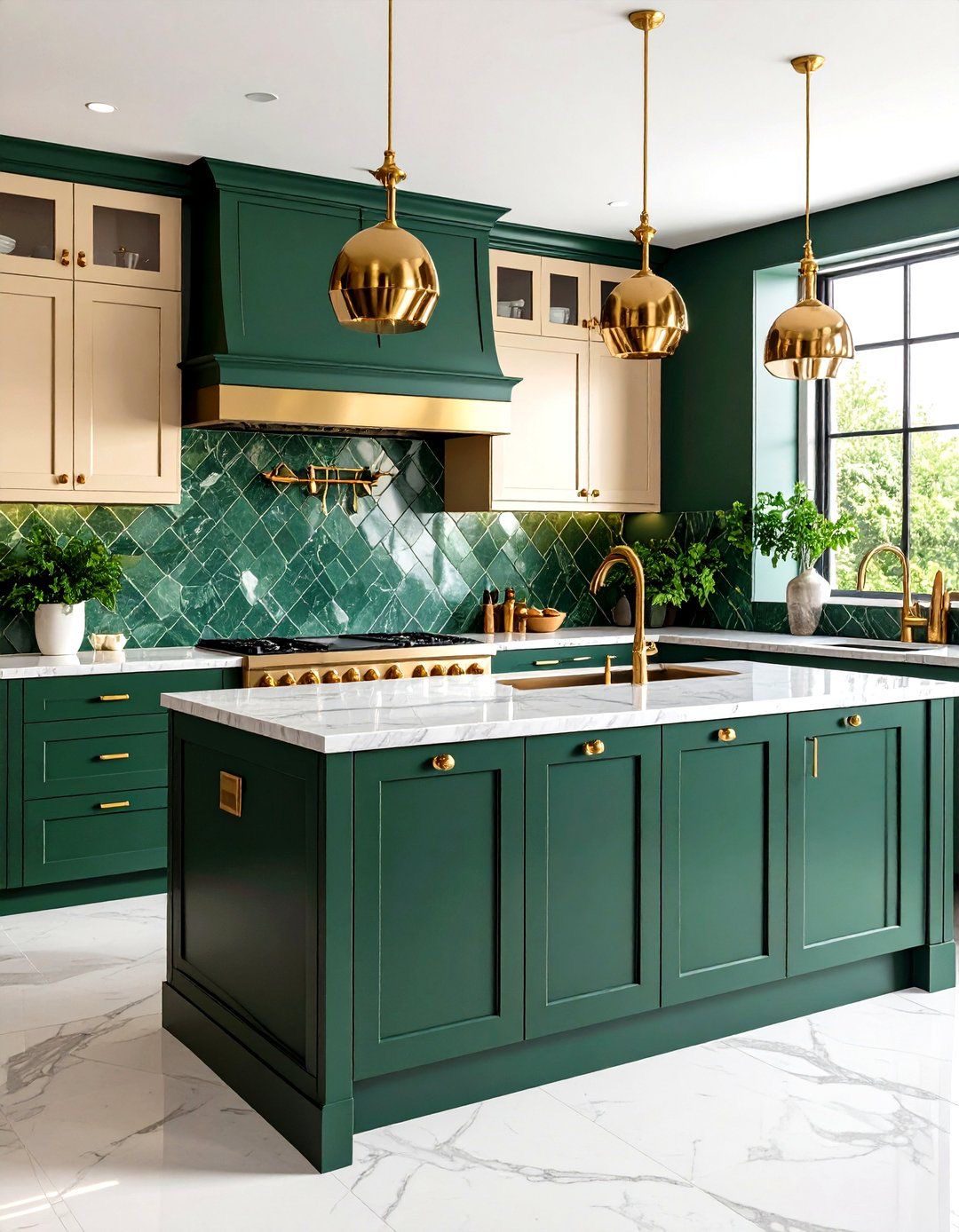 Dark Green Kitchen Features Diamond-Patterned Emerald Tile Backsplash