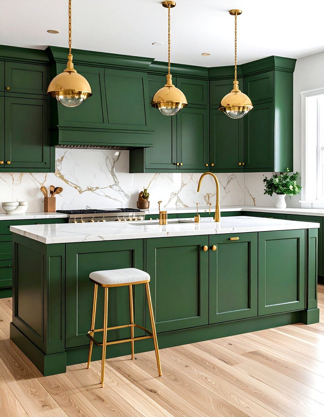 Dark Green Island Cabinets With White Marble Countertops