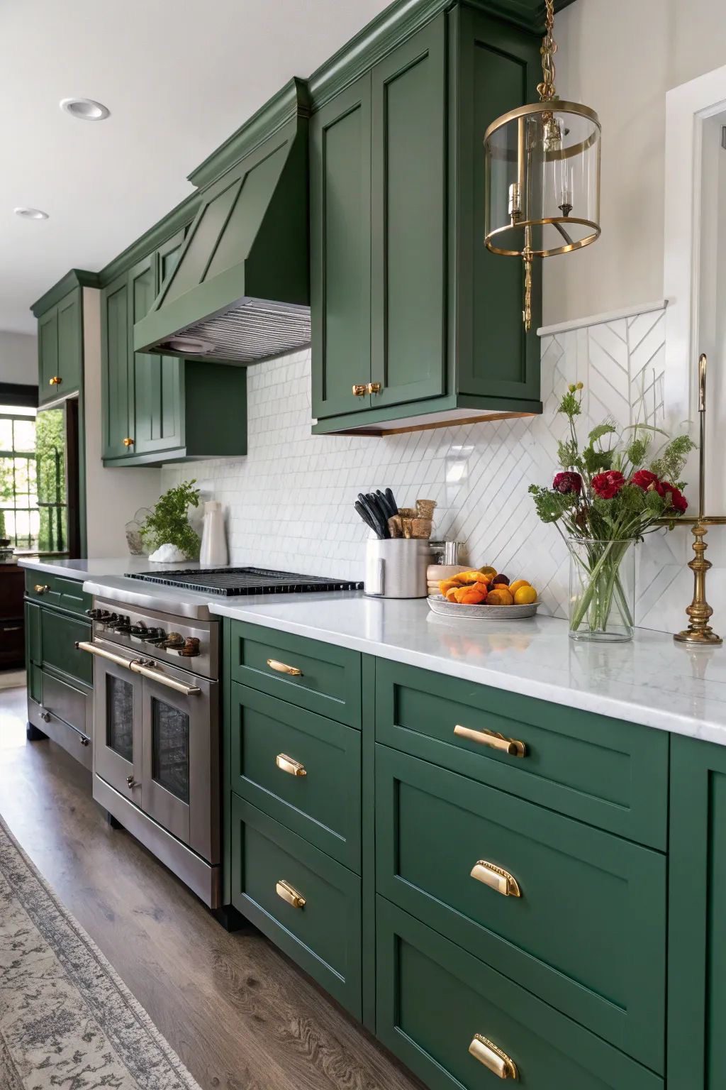 Dark Green Cabinetry With Brass Bin Pulls Adds Warmth