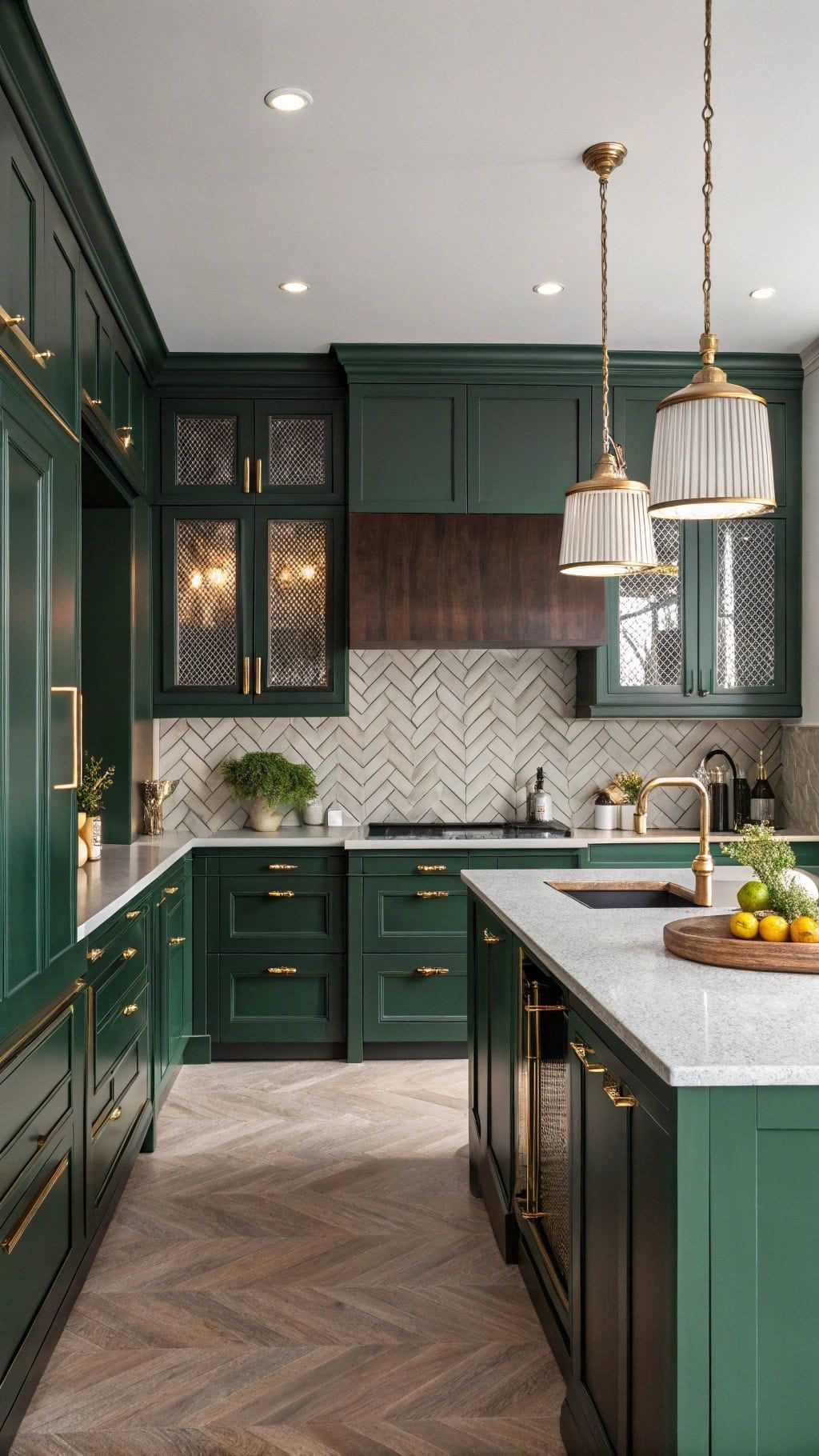 Glass-fronted cabinets with metal mesh add visual intrigue