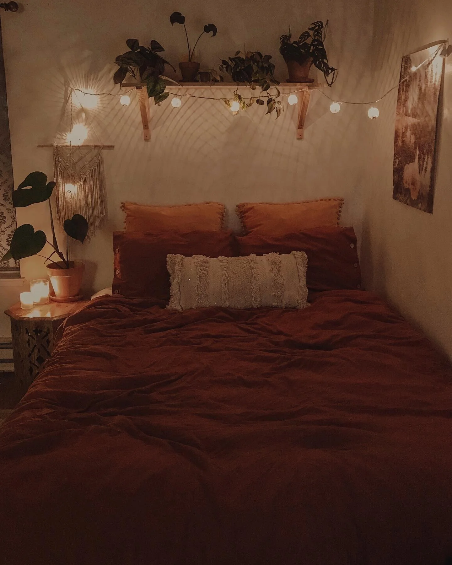 Wooden Shelf Holds Potted Plants Above Bed