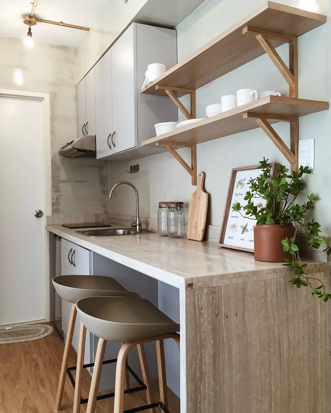 Open Wood Shelves Keep Mugs Within Easy Reach