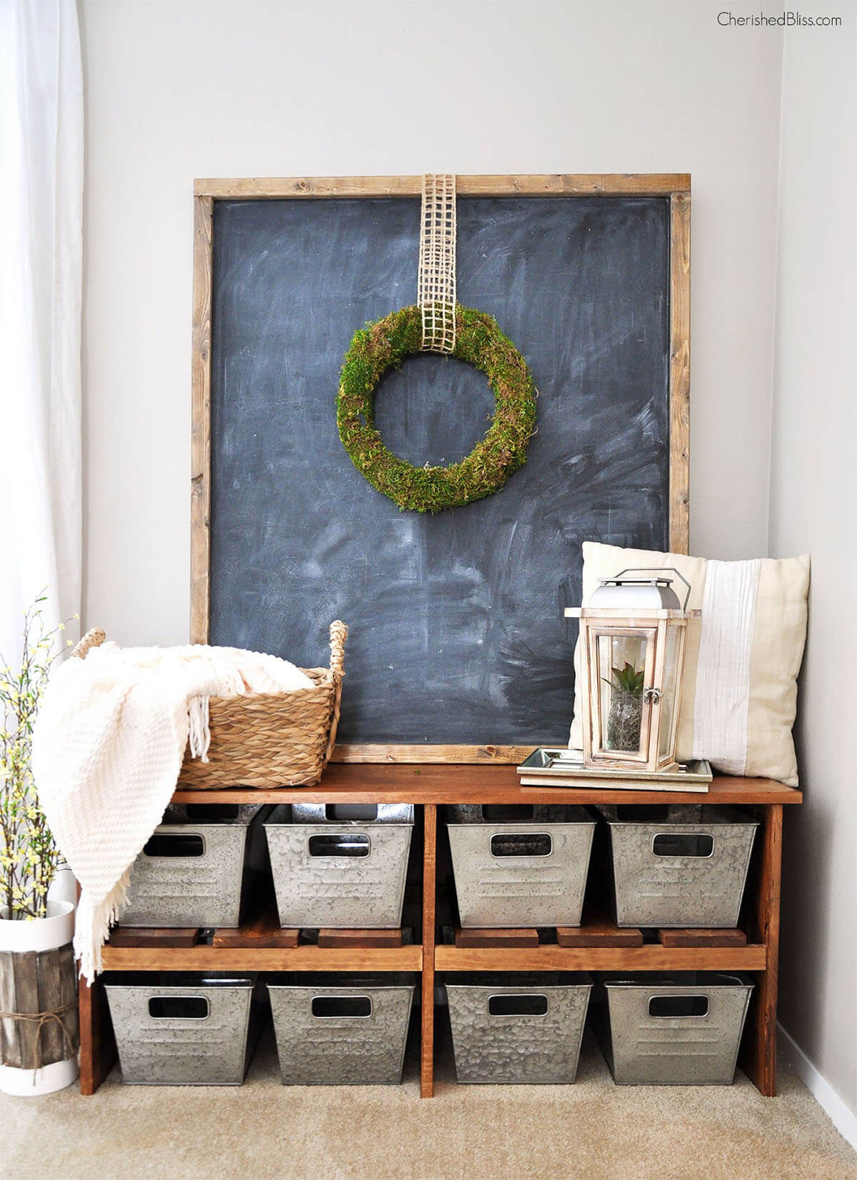 Eight Galvanized Totes Create Organized Cubbies Below