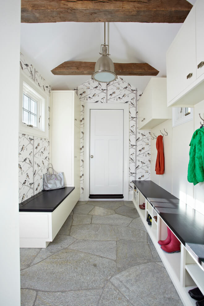 Bird-Patterned Wallpaper Adds Whimsy to Mudroom Walls