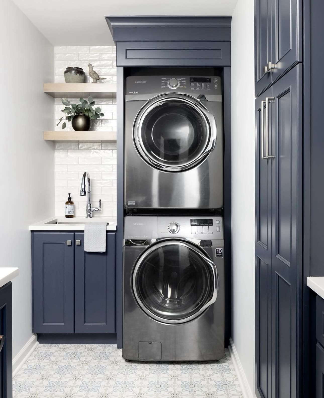 Frame Stacked Units with Full-Height Custom Cabinetry