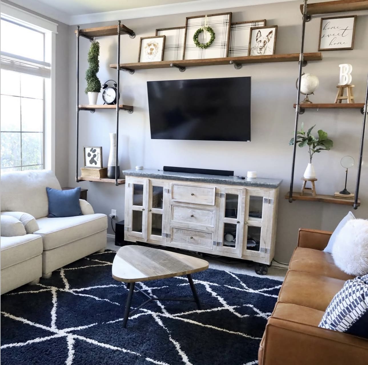 Balance Your TV with Symmetrically Placed Industrial Shelves