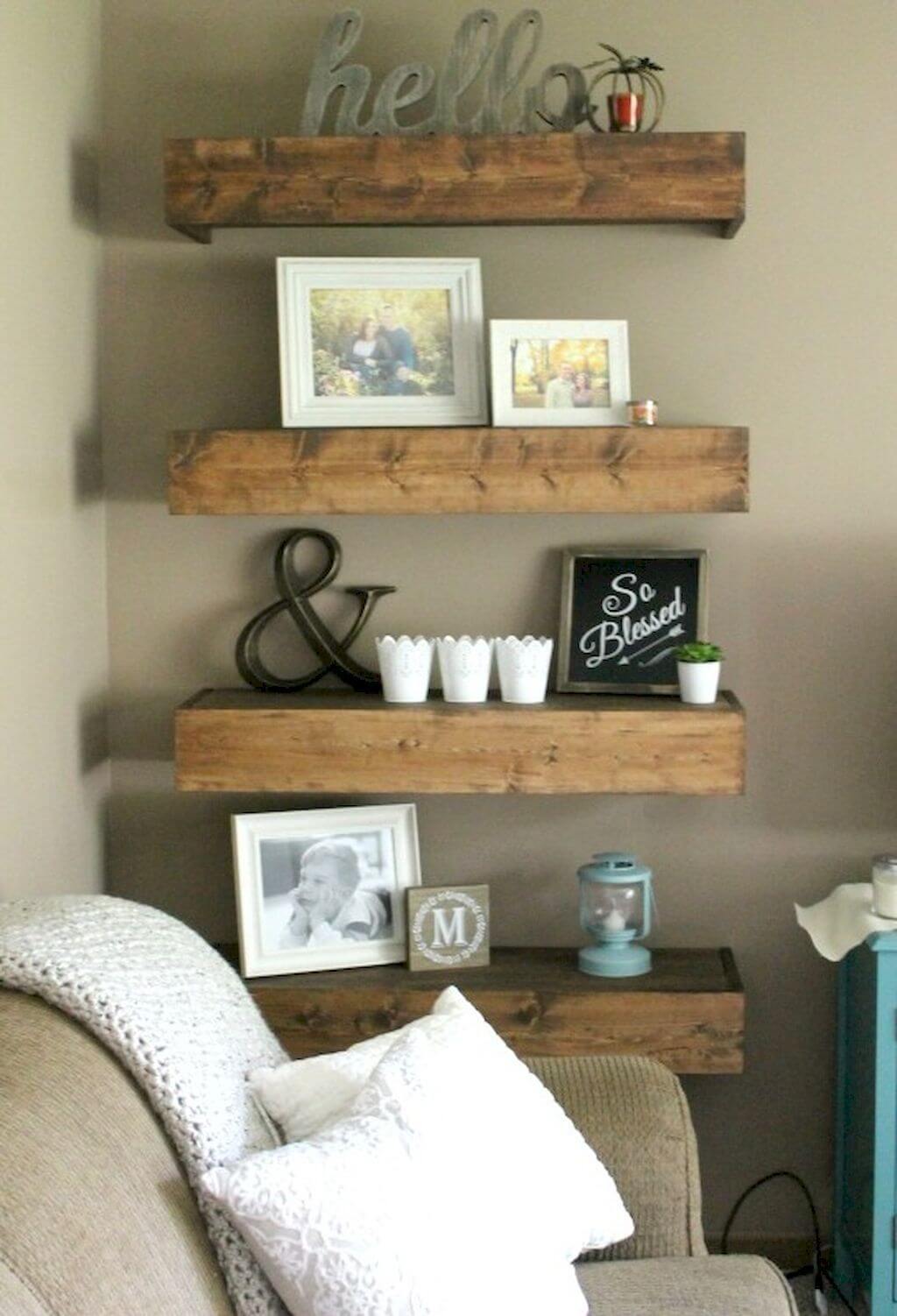 Style Floating Shelves with Photos and Whimsical Accents