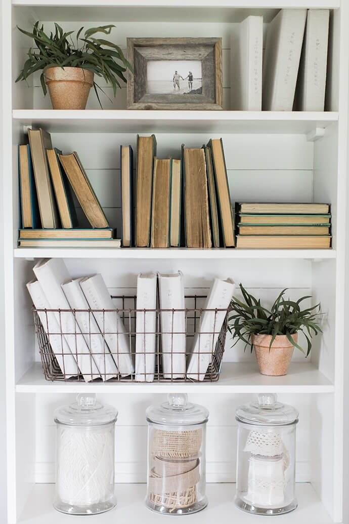 Tidy Shelves with White-Spined Books in a Wire Basket