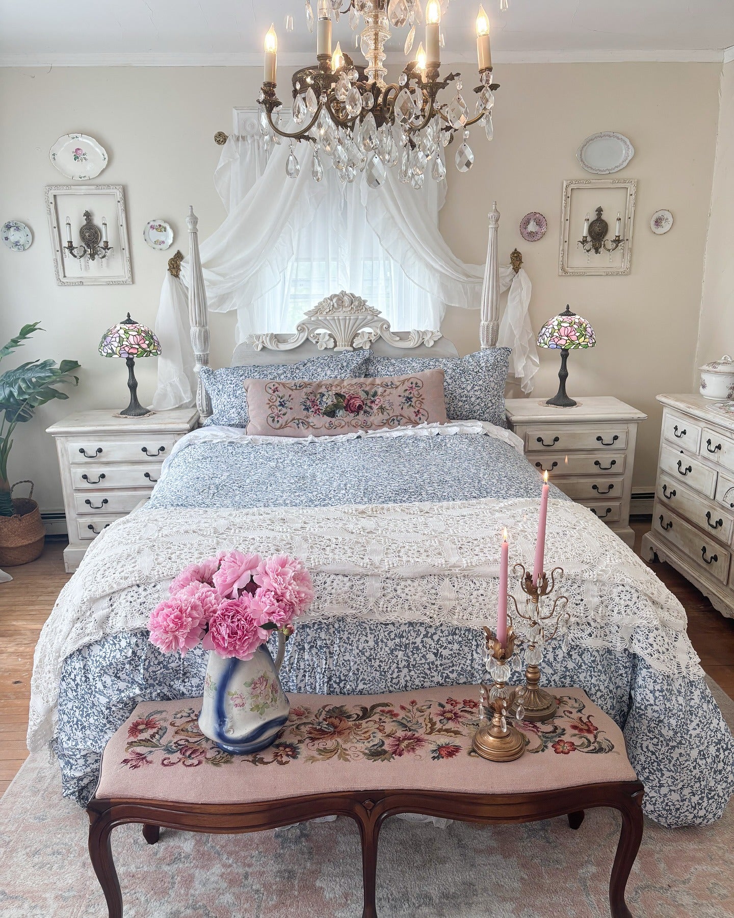 Embroidered Bench With Floral Pitcher Adds A Romantic Touch