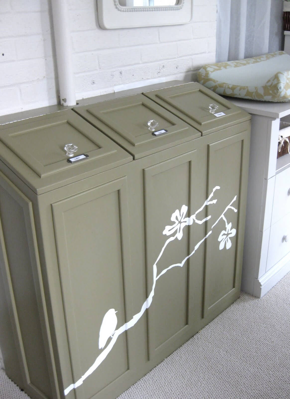Olive Green Hampers Feature Delicate Bird and Branch Decals