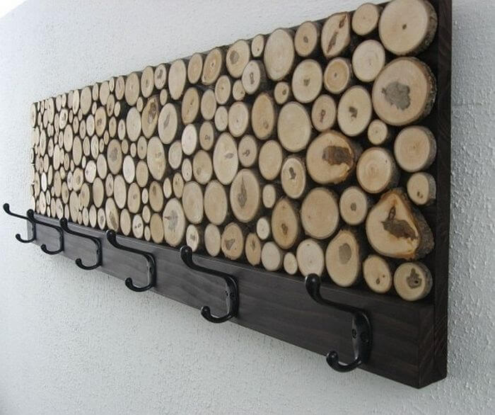 Wood Slice Backsplash With Integrated Coat Hooks
