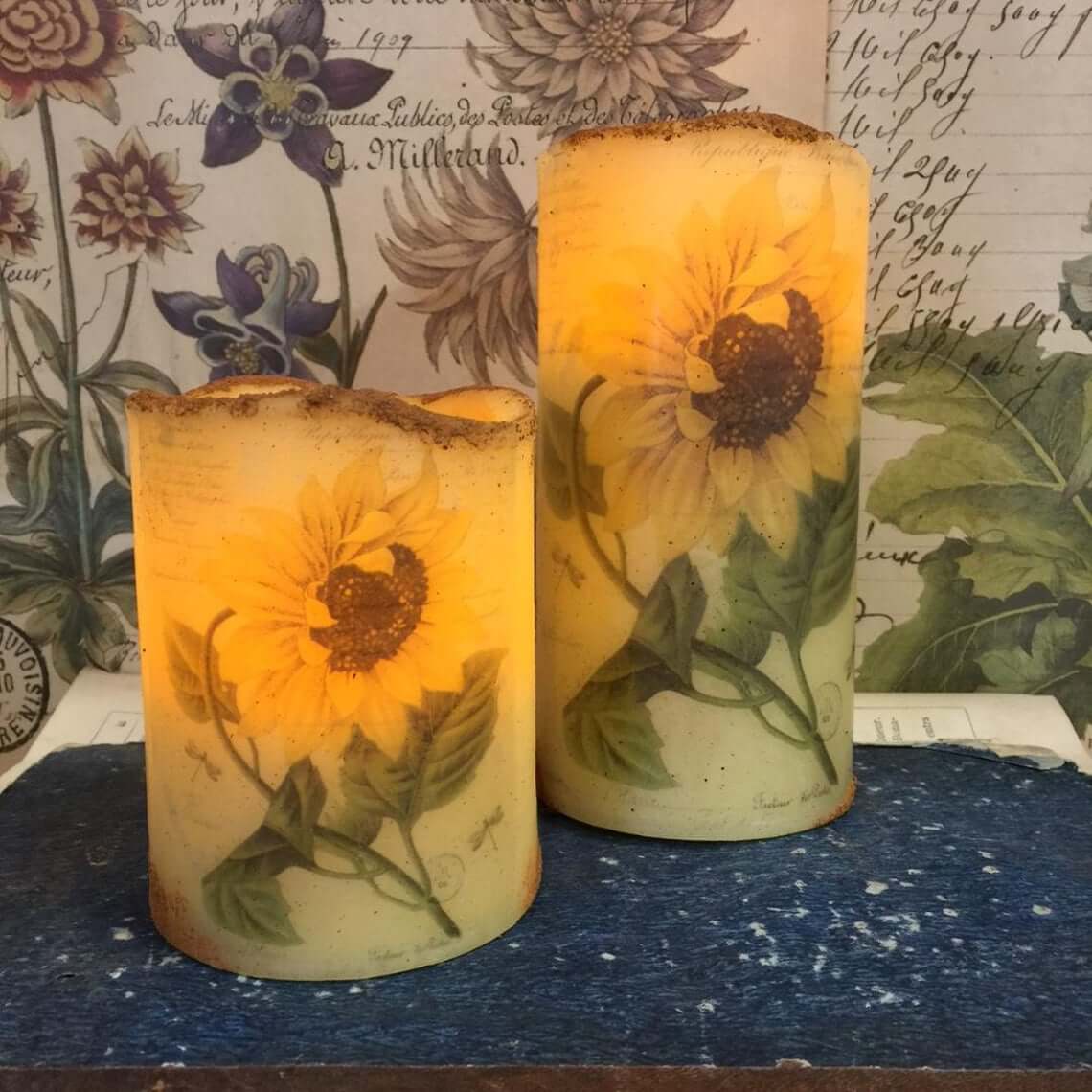 Flameless Candles Feature Hand-Painted Sunflower Designs