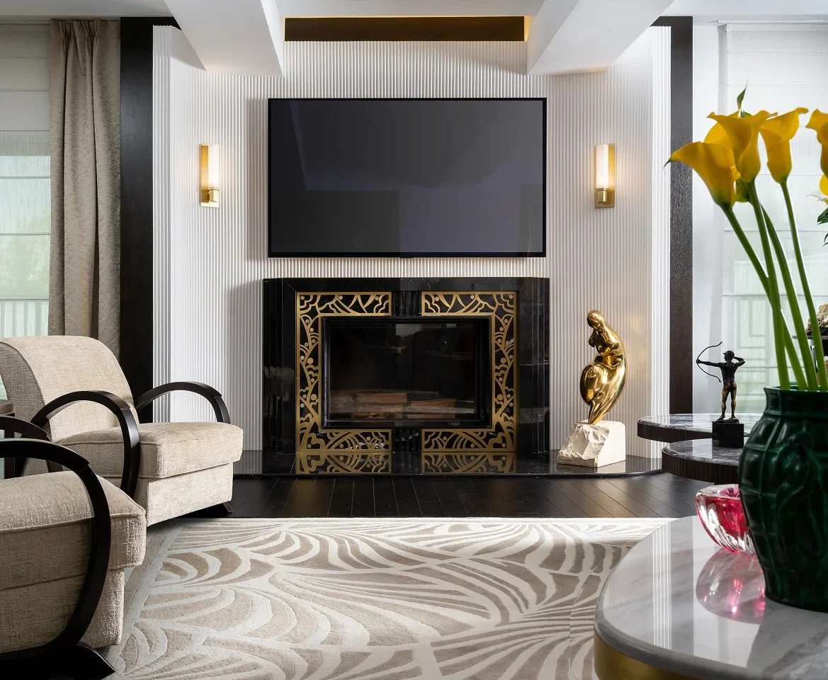Ornate Black Fireplace Surround With Gold Geometric Inlays