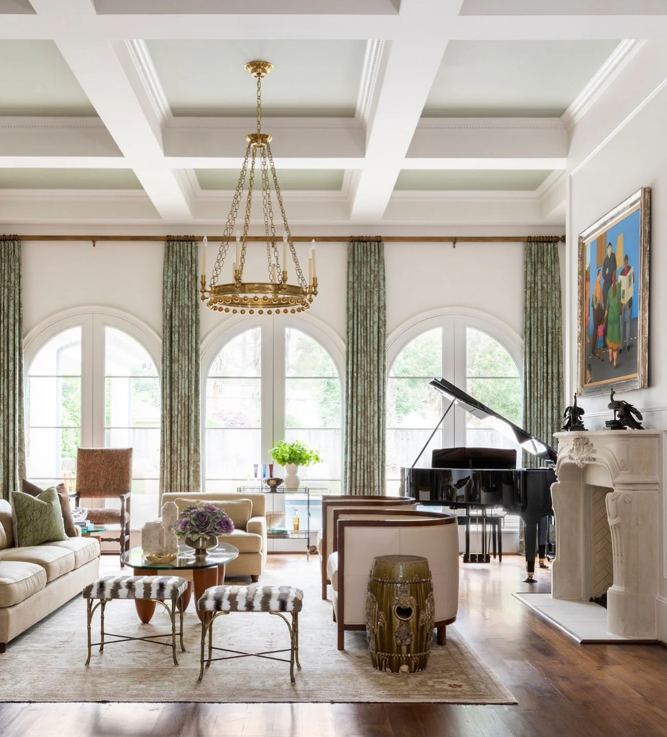 Coffered Ceiling with Pale Green Insets Adds Depth