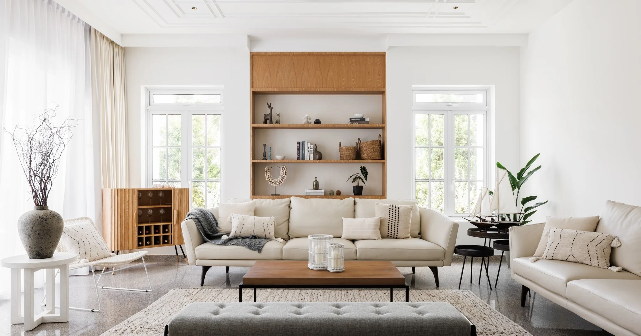 Wooden Built-In Shelving Unit Holds Decorative Objects