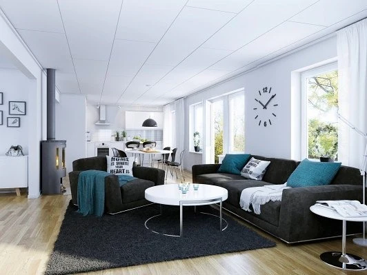 Round White Coffee Table Softens Angular Sofa Lines