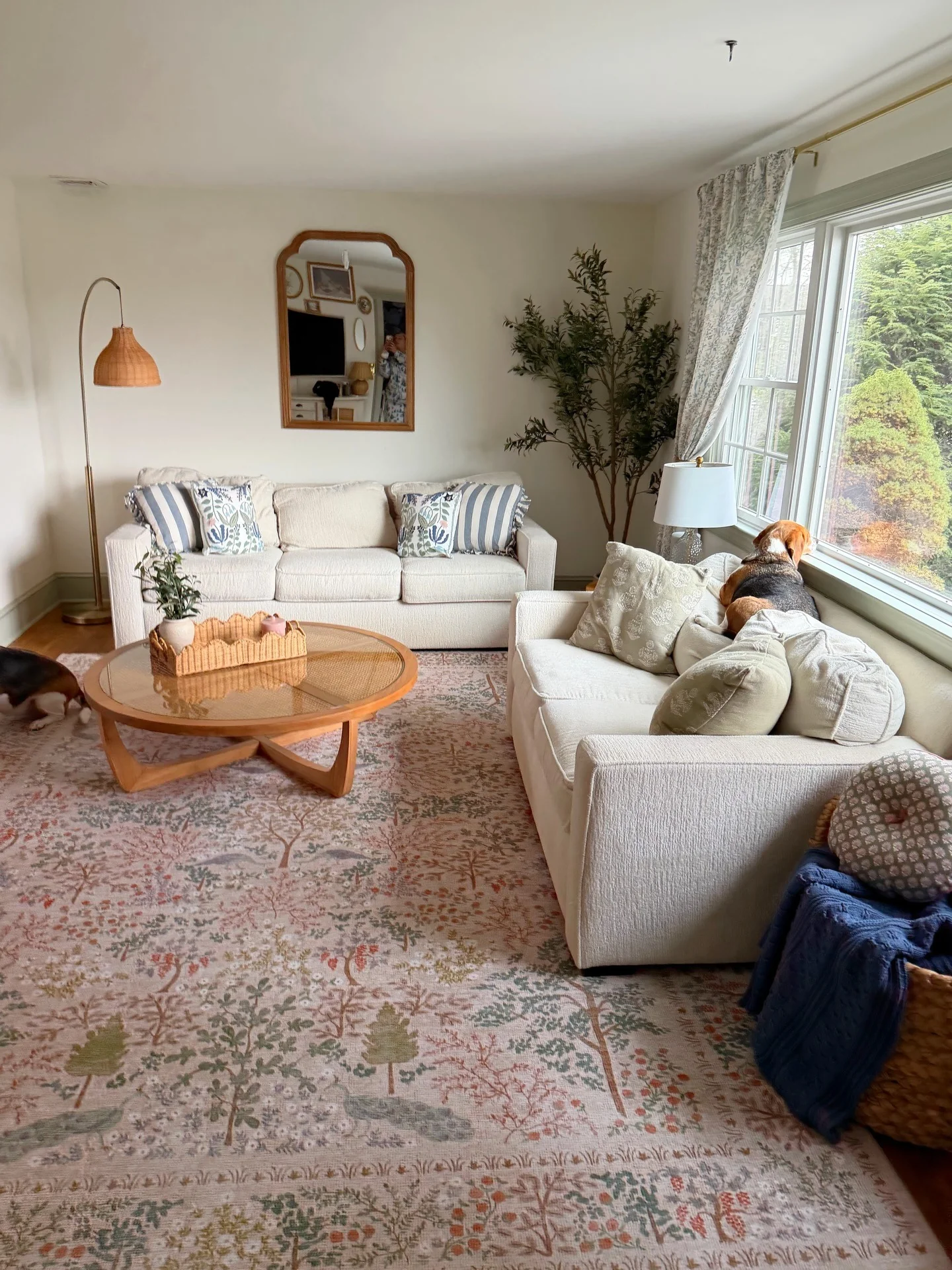 Wood-Framed Mirror Adds a Layered Look Above the Sofa
