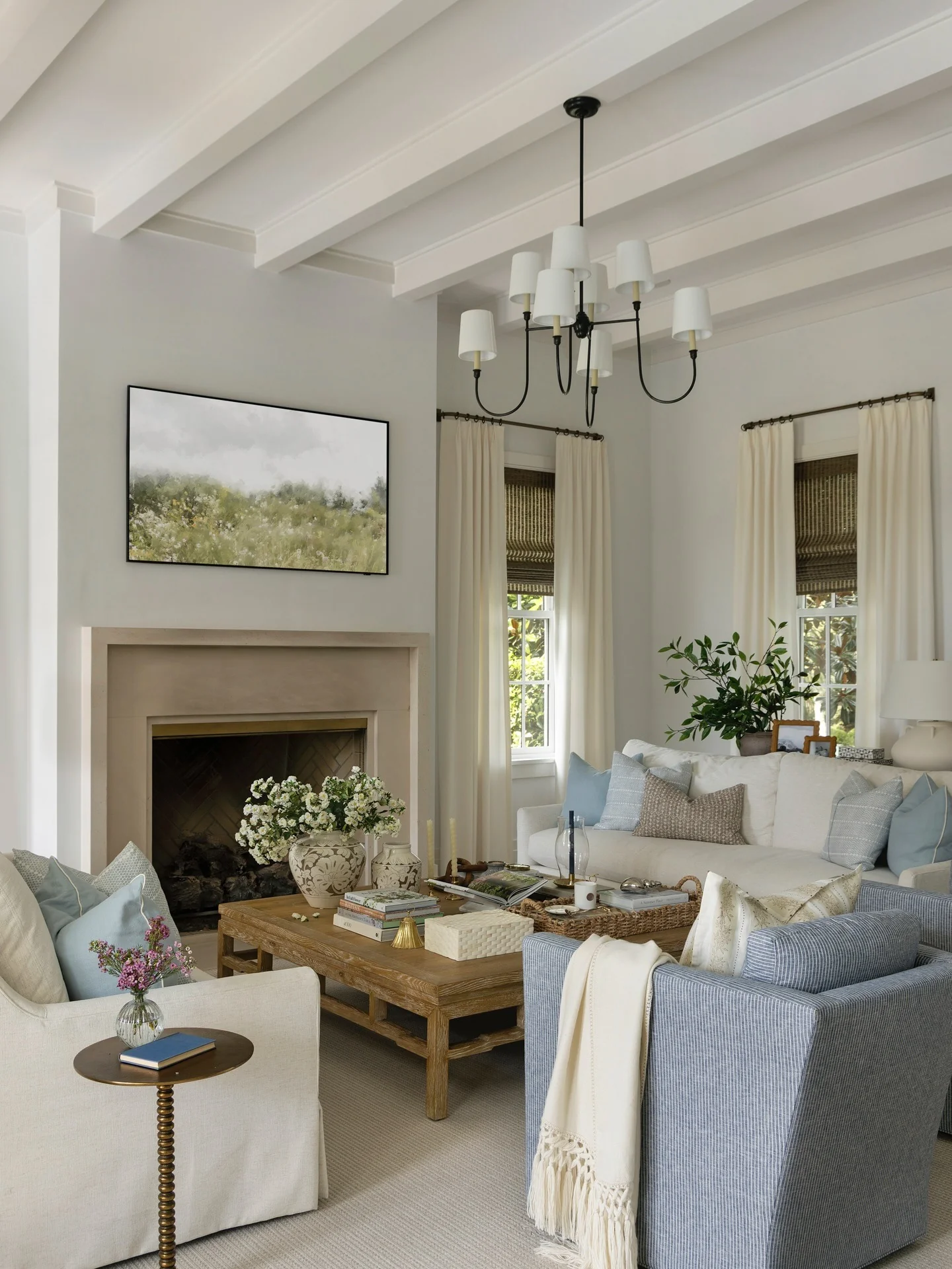 Achieve a Relaxed Feel with a Slipcovered Sofa and Blue Striped Armchairs