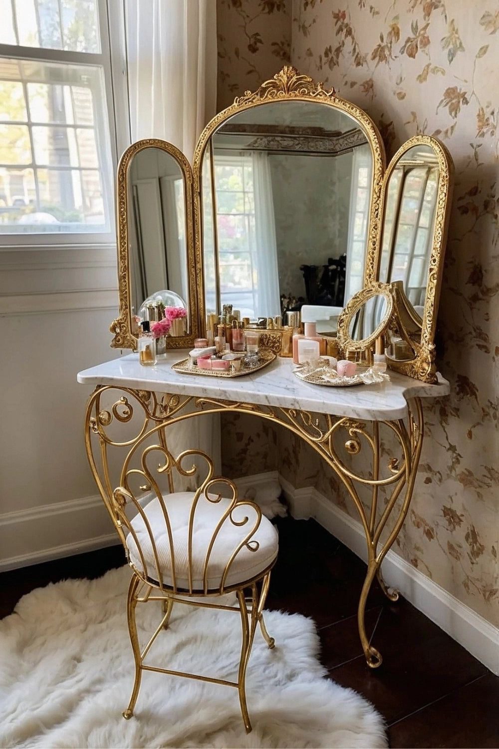 Ornate Tri-Fold Mirror Frames a Marble-Topped Vanity