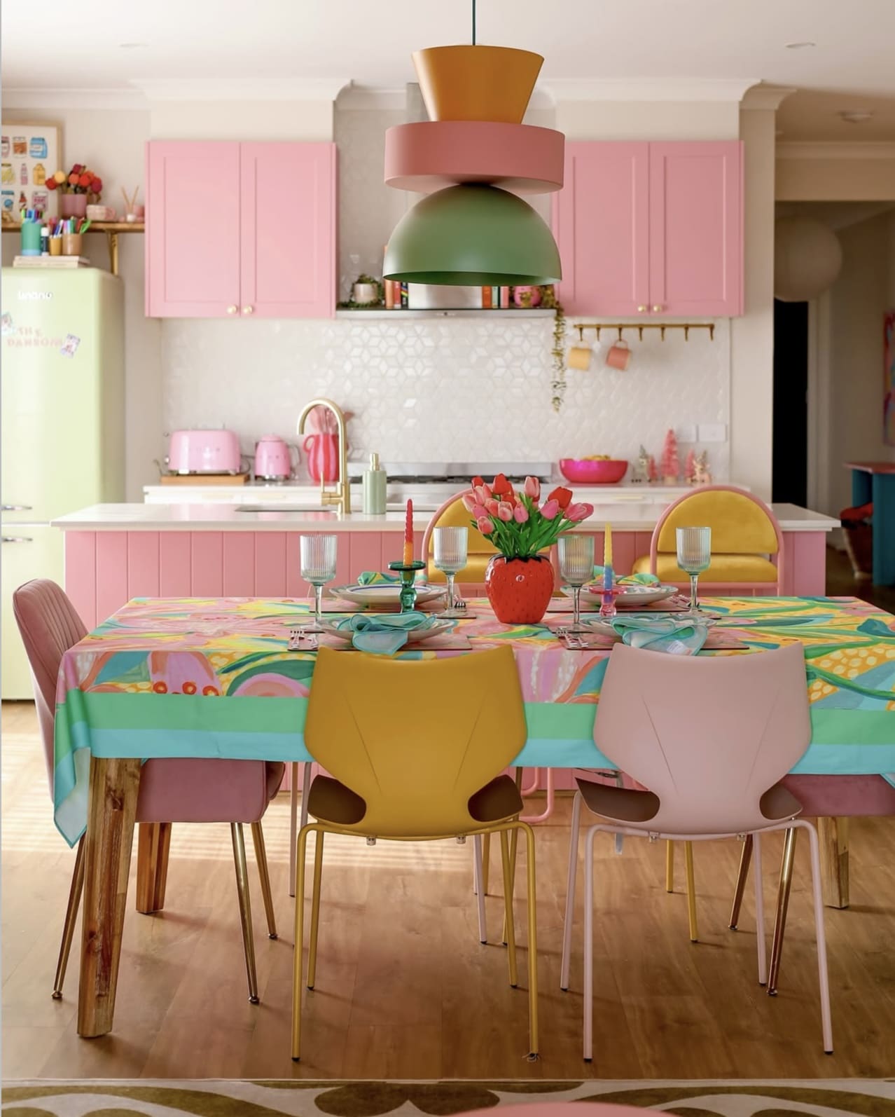 Playful Tablecloth Adds a Burst of Color to a Pink Kitchen