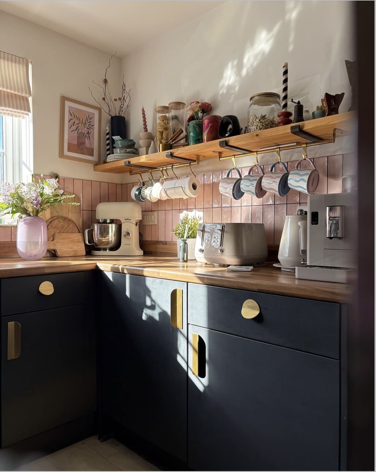 Brass Mug Hooks Add Warm Metallic Accents Below Shelving