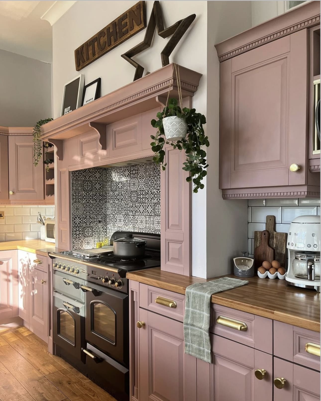 Hanging Plant Adds Greenery Above a Pink Range Hood