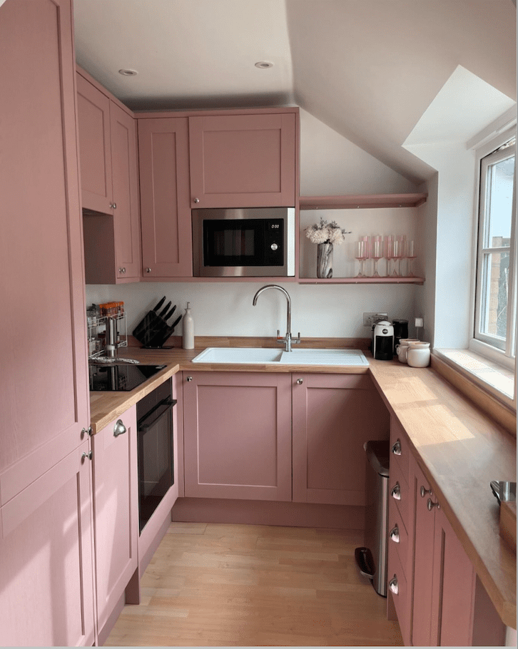 Pink Kitchen Shelving Holds Delicate Glassware