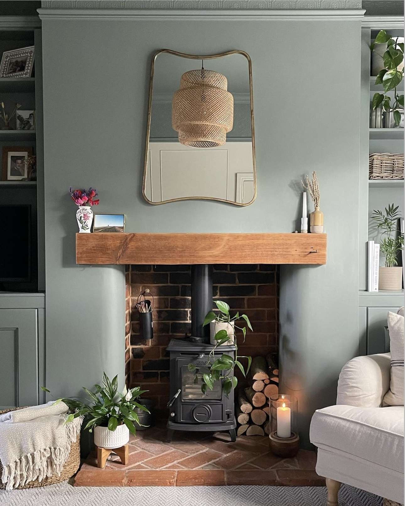 Woven Pendant Light Adds Natural Texture Above Fireplace