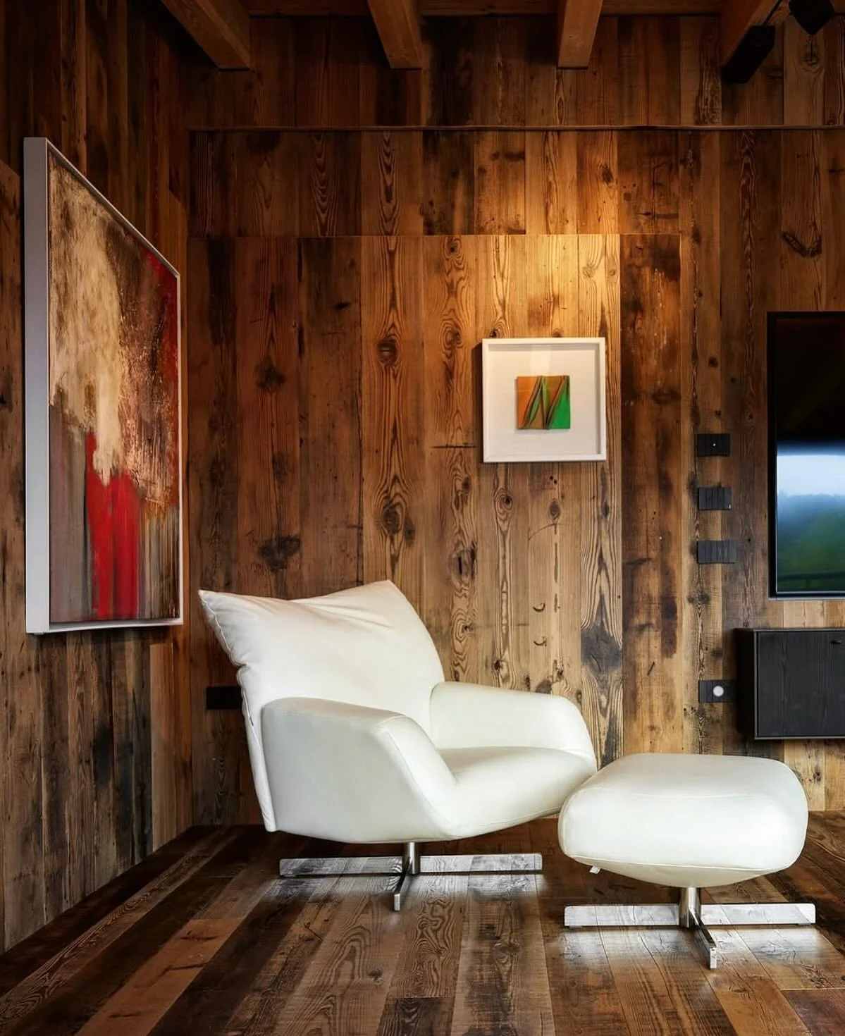 Modern White Leather Armchair and Ottoman