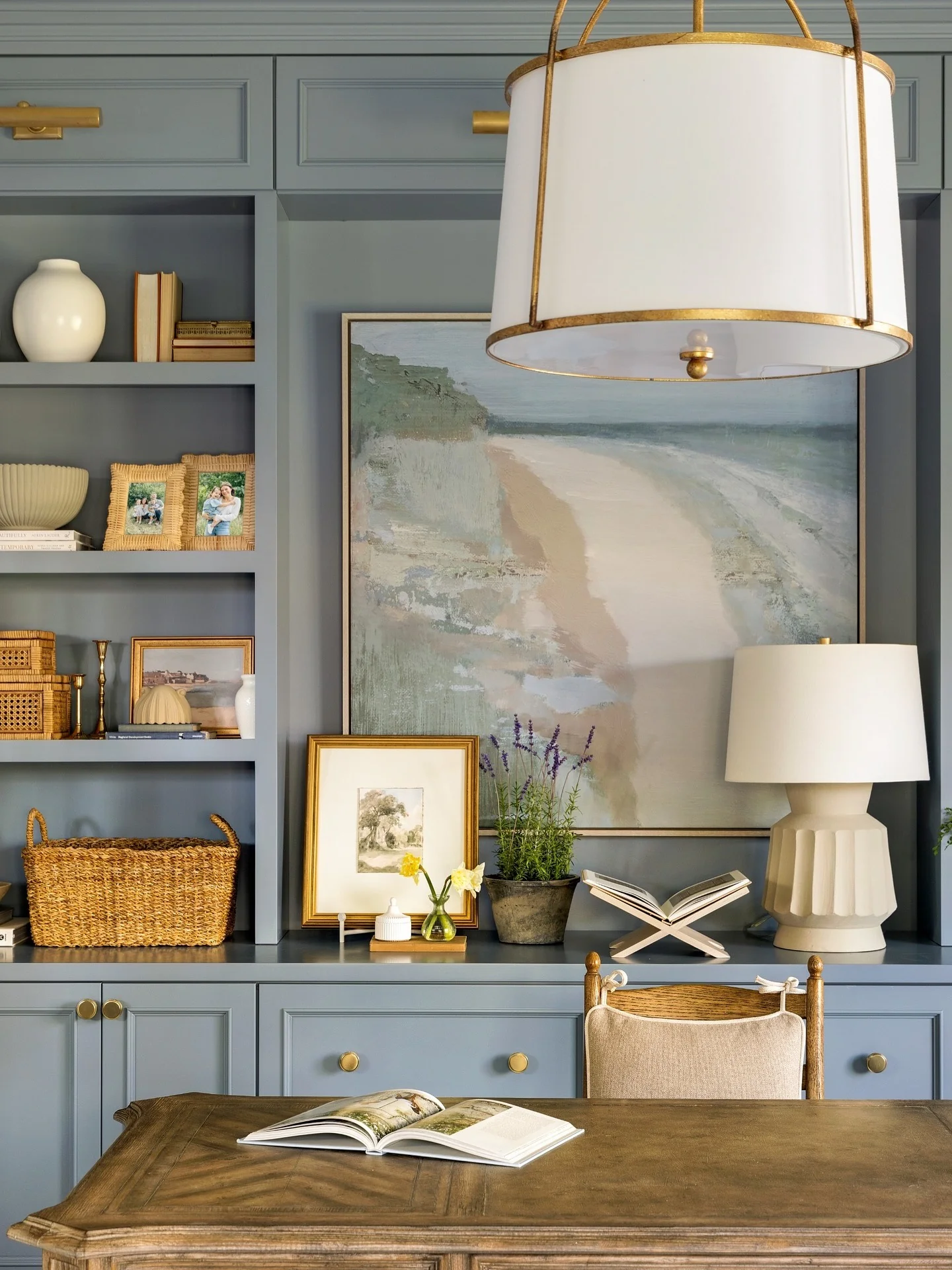 Framed Art and Lavender Add Personal Touches to Shelving