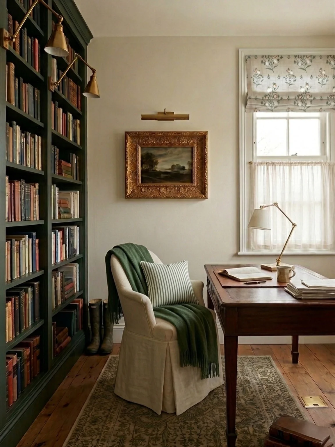Ornate Gold Frame Showcases Landscape Art Above Desk