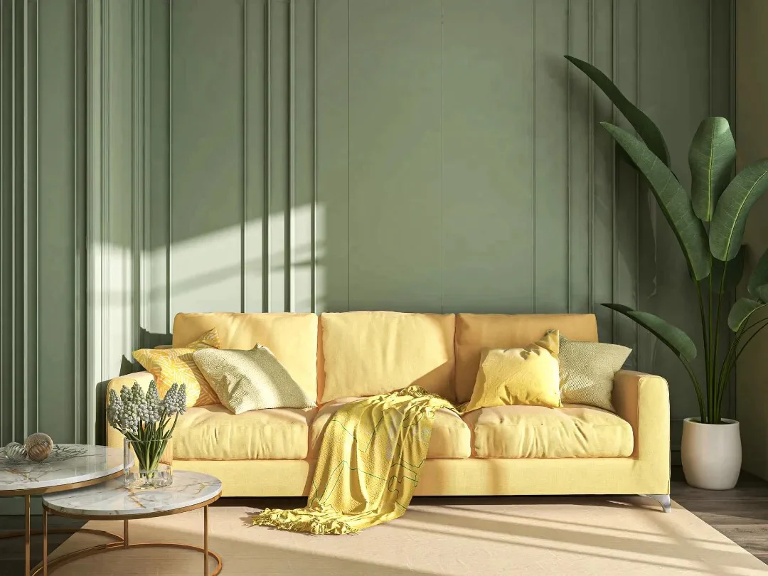 Contrast a Yellow Sofa with Sage Green Walls