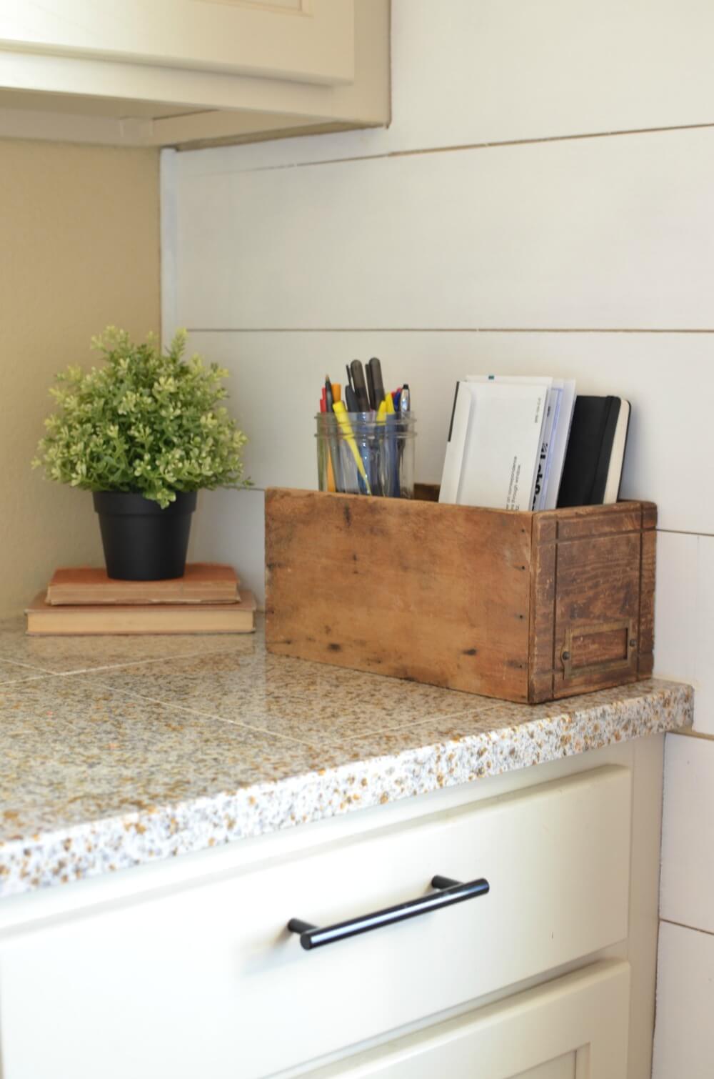 Rustic Wooden Box Holds Mail and Pens