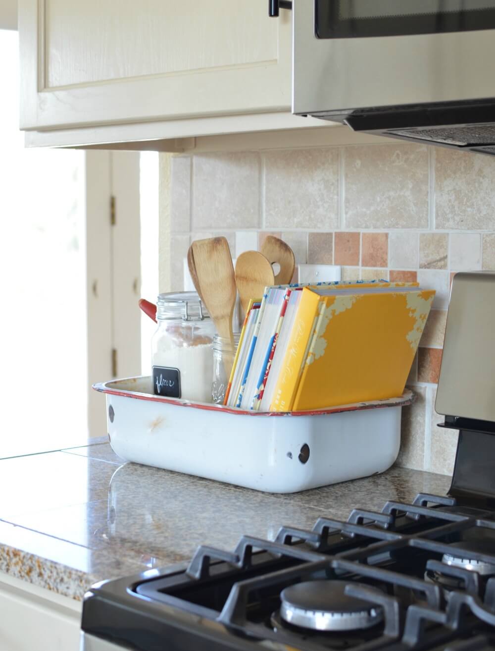 Enamel Roasting Pan Holds Cookbooks and Flour Jar