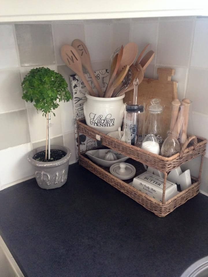 Two-Tiered Wicker Tray for Storing Butter and Small Kitchen Tools
