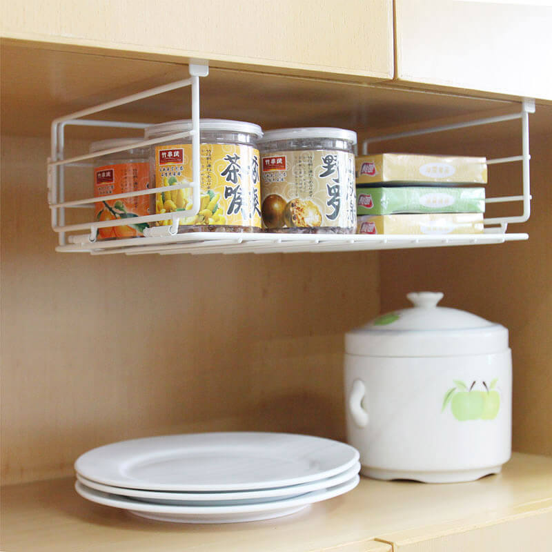 Gain Extra Storage Under Cabinets with a White Wire Rack