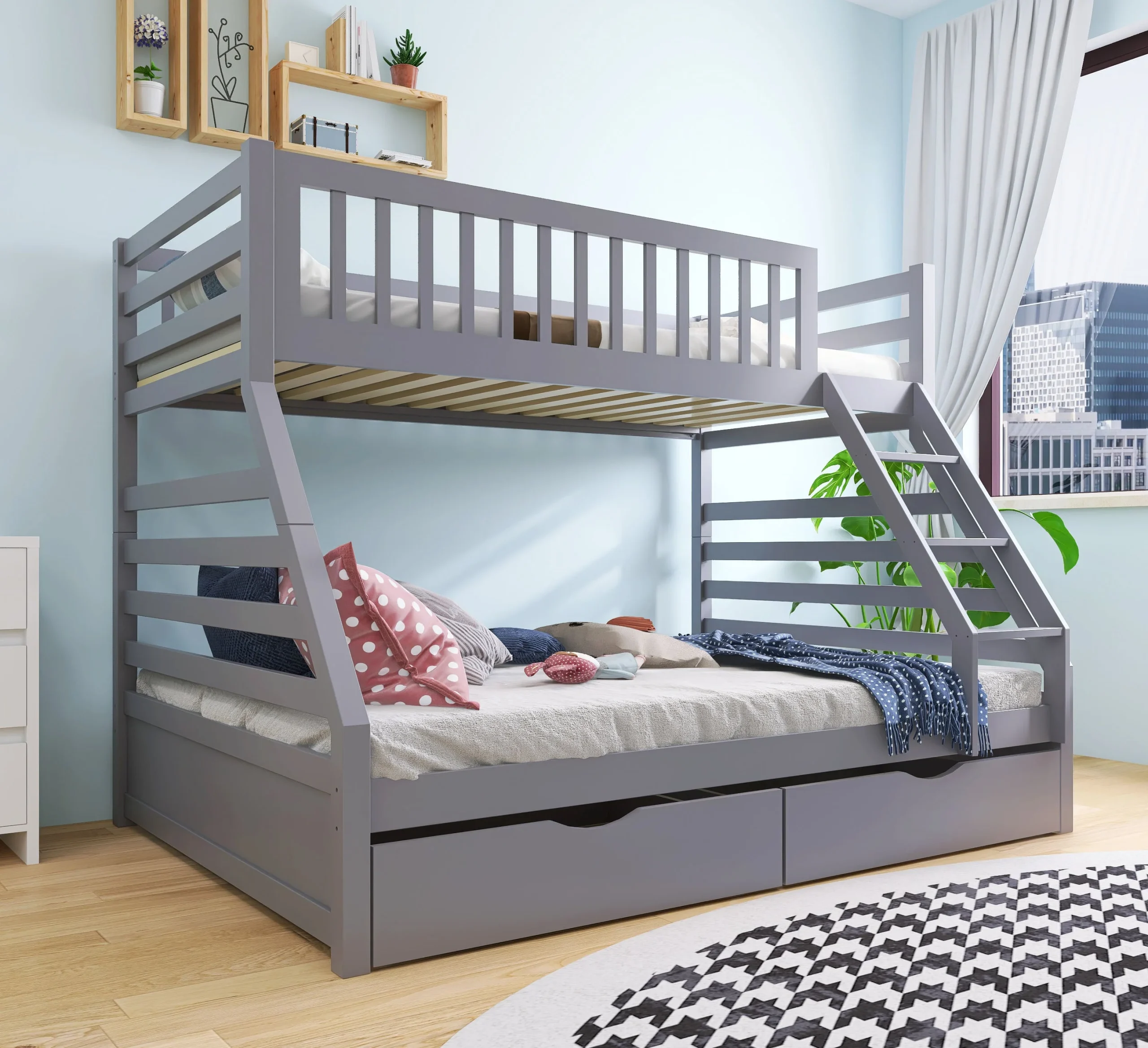 Grey Bunk Bed with Integrated Storage