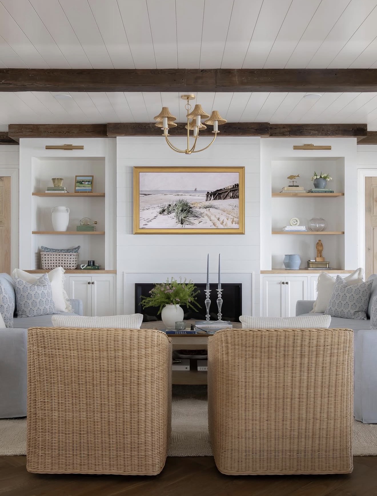 Gold Chandelier With Rattan Shades Adds Warmth