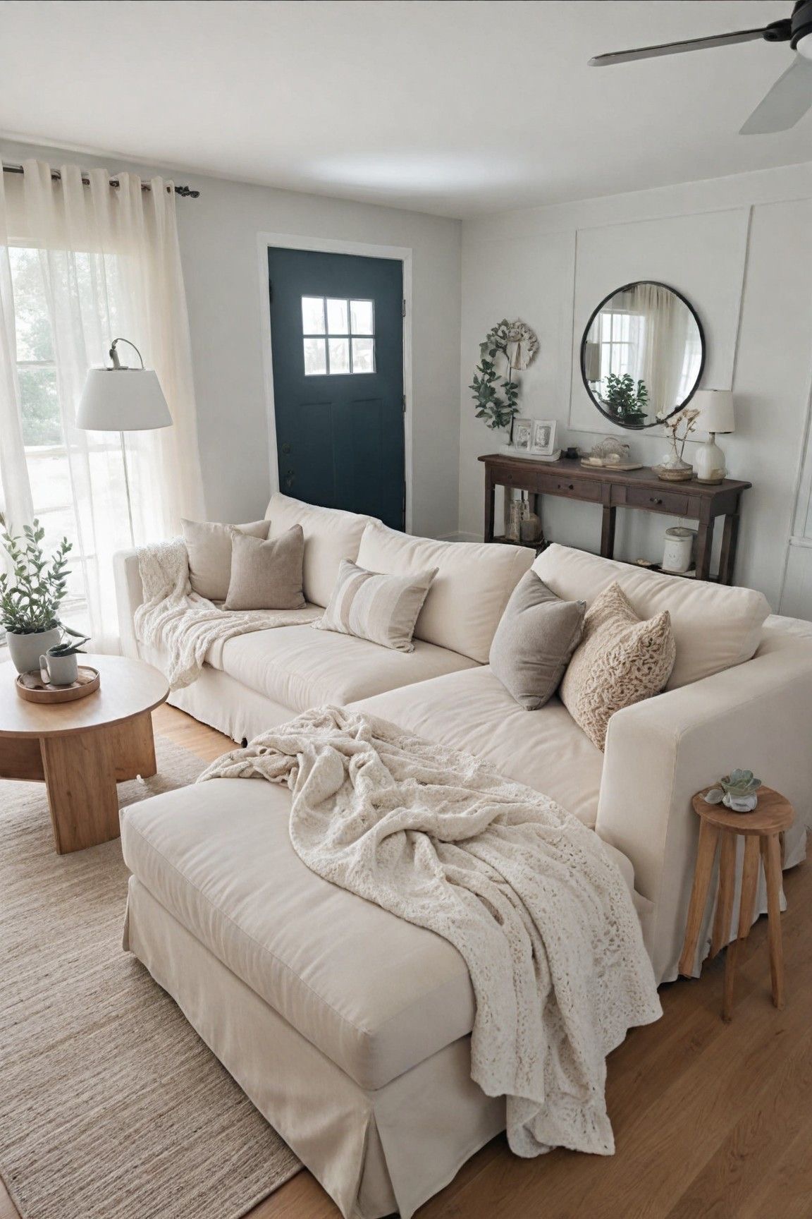 Cream slipcovered sectional sofa with ottoman adds plush comfort