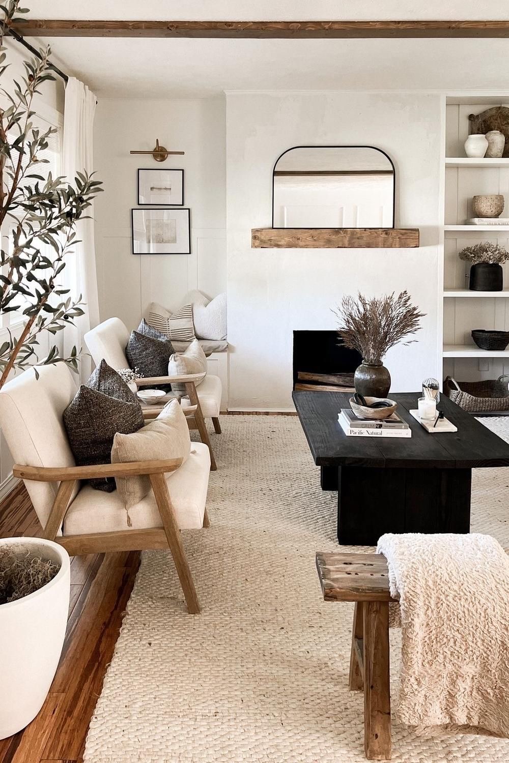Arched Mirror Above a Natural Wood Shelf Reflects Light