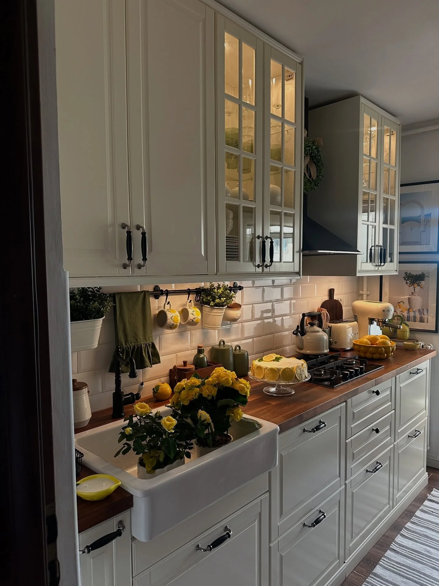 Yellow Roses Brighten Farmhouse Sink Area
